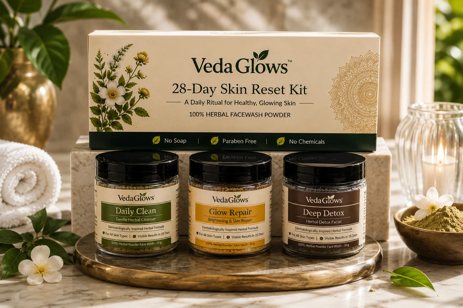 VedaGlows 28-Day Skin Reset Kit — full set with box